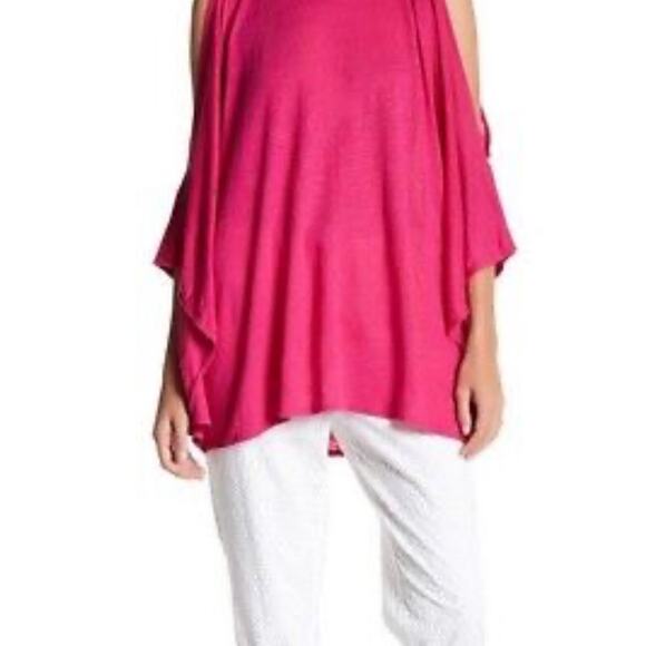 Calypso St. Barth Pink 100% Linen Open Sleeve Cold Shoulder Flowing Top - Picture 1 of 6
